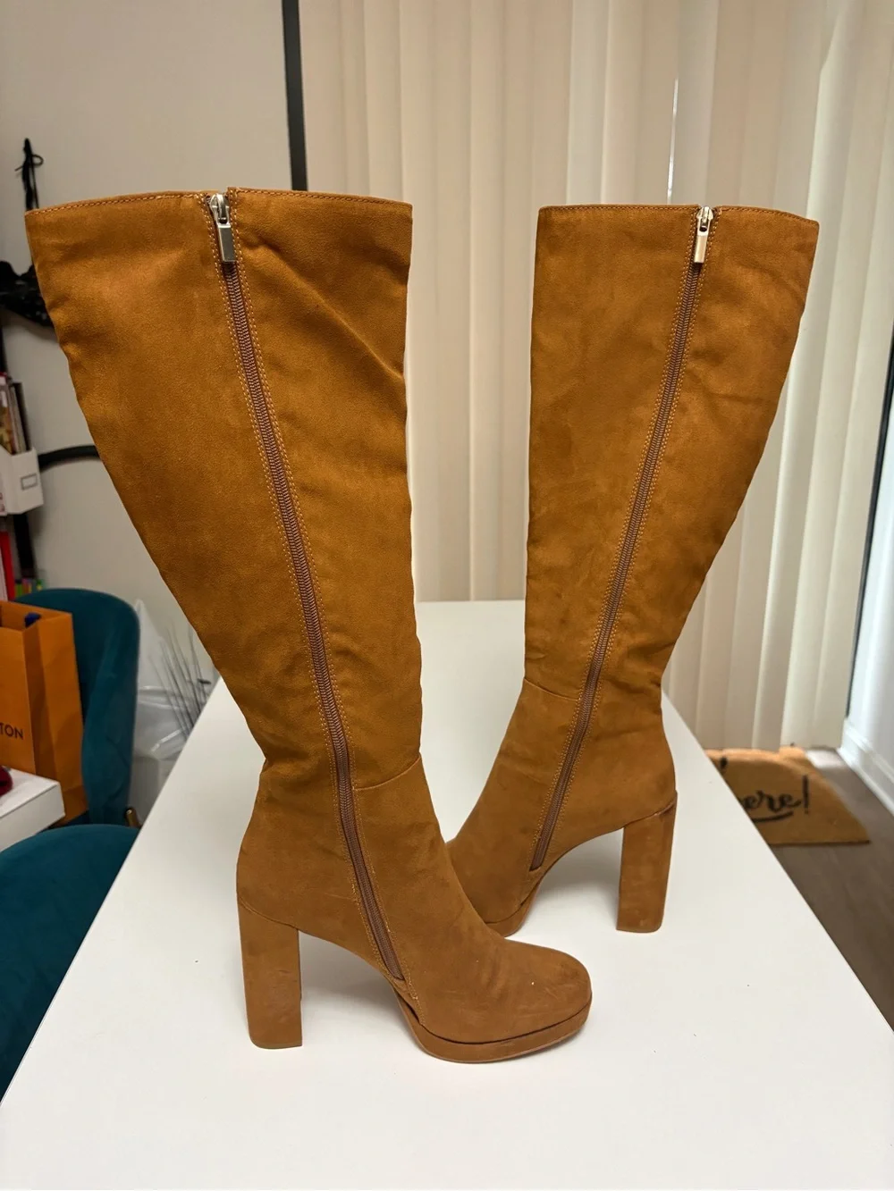 Tall Suede Knee-High Boots in Cognac